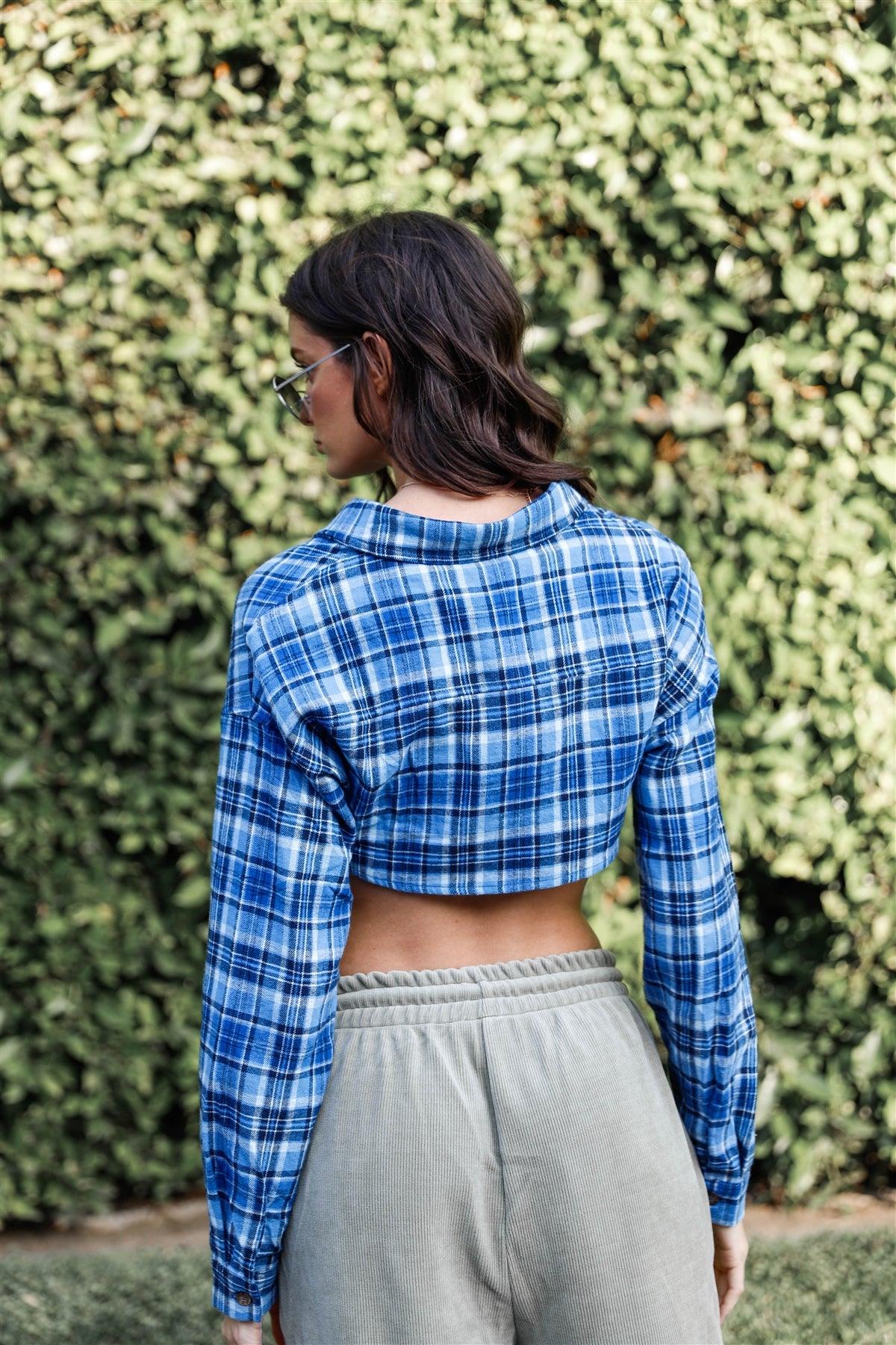 Blue Plaid Flannel Cotton Cropped Front Long Sleeve Shirt Top /1-2-1