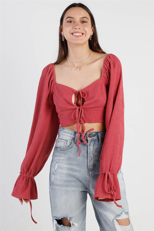 Rose Textured Self-Tie Front & Balloon Sleeve Details Crop Top /3-2-1