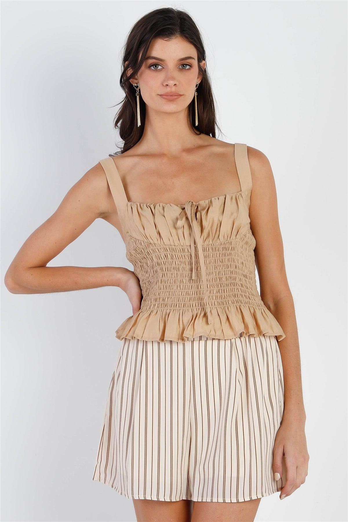 Tan Smocked Bustier Self-Tie Detail Sleeveless Top /2-2-1