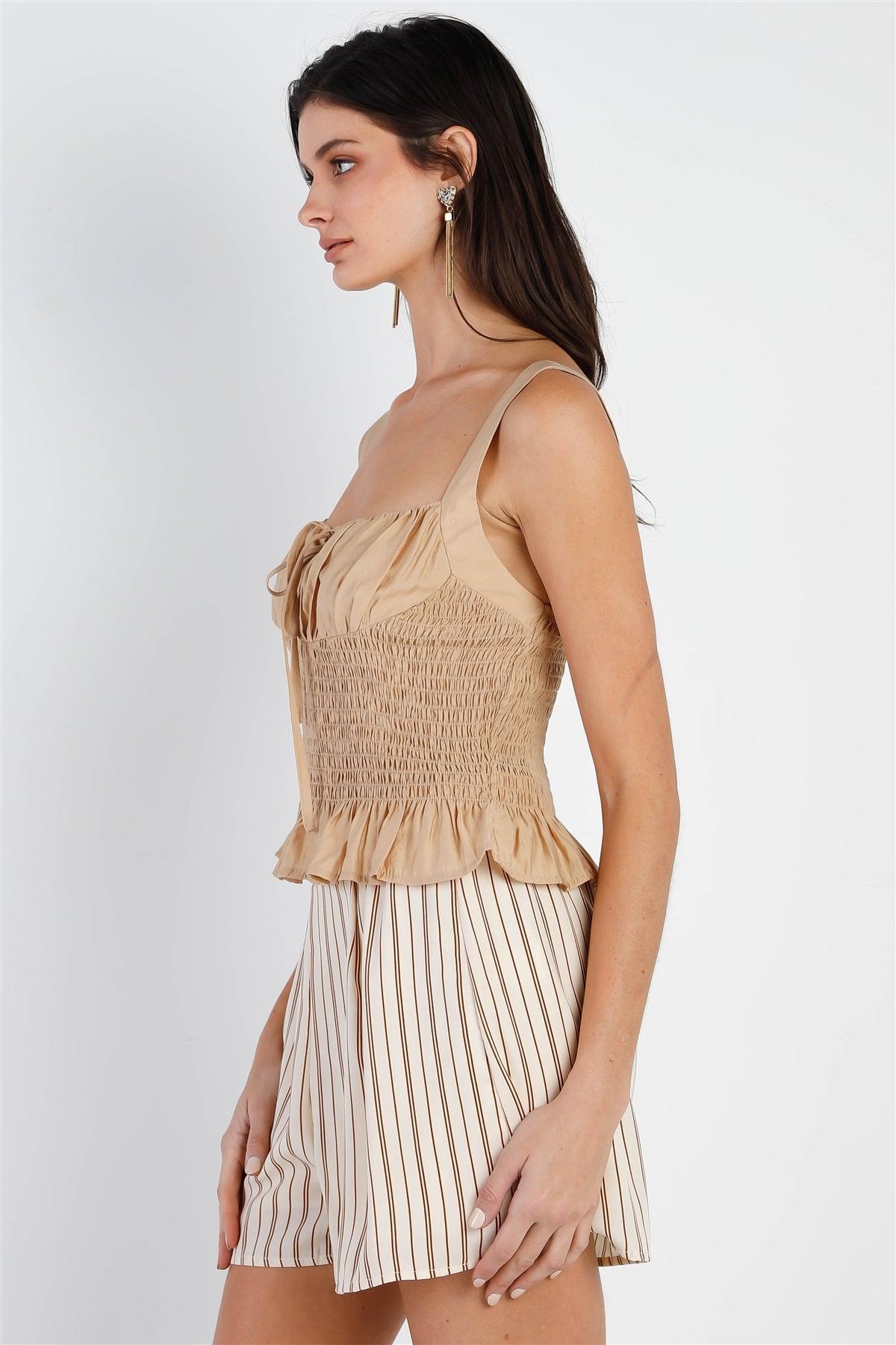 Tan Smocked Bustier Self-Tie Detail Sleeveless Top /2-2-1