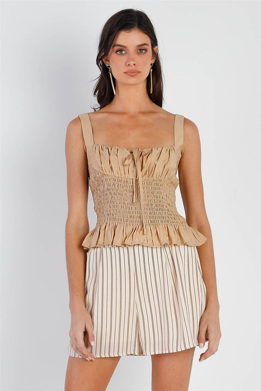 Tan Smocked Bustier Self-Tie Detail Sleeveless Top /3-2-1