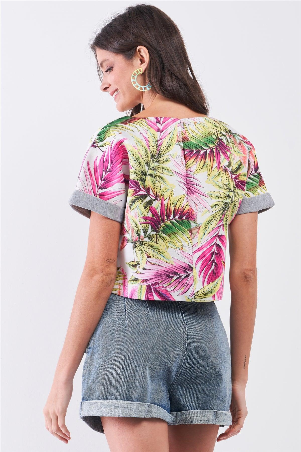 Pink & Green Hawaiian Palm Tree Print Relaxed Crop Sweat Top /1-2-1