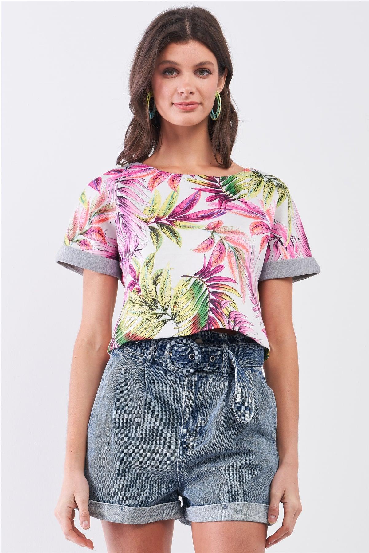 Pink & Green Hawaiian Palm Tree Print Relaxed Crop Sweat Top /1-2-1