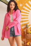 Hot Pink Cotton Collared Neck Button-Up One Pocket Long Sleeve Shirt /1-2-2-1