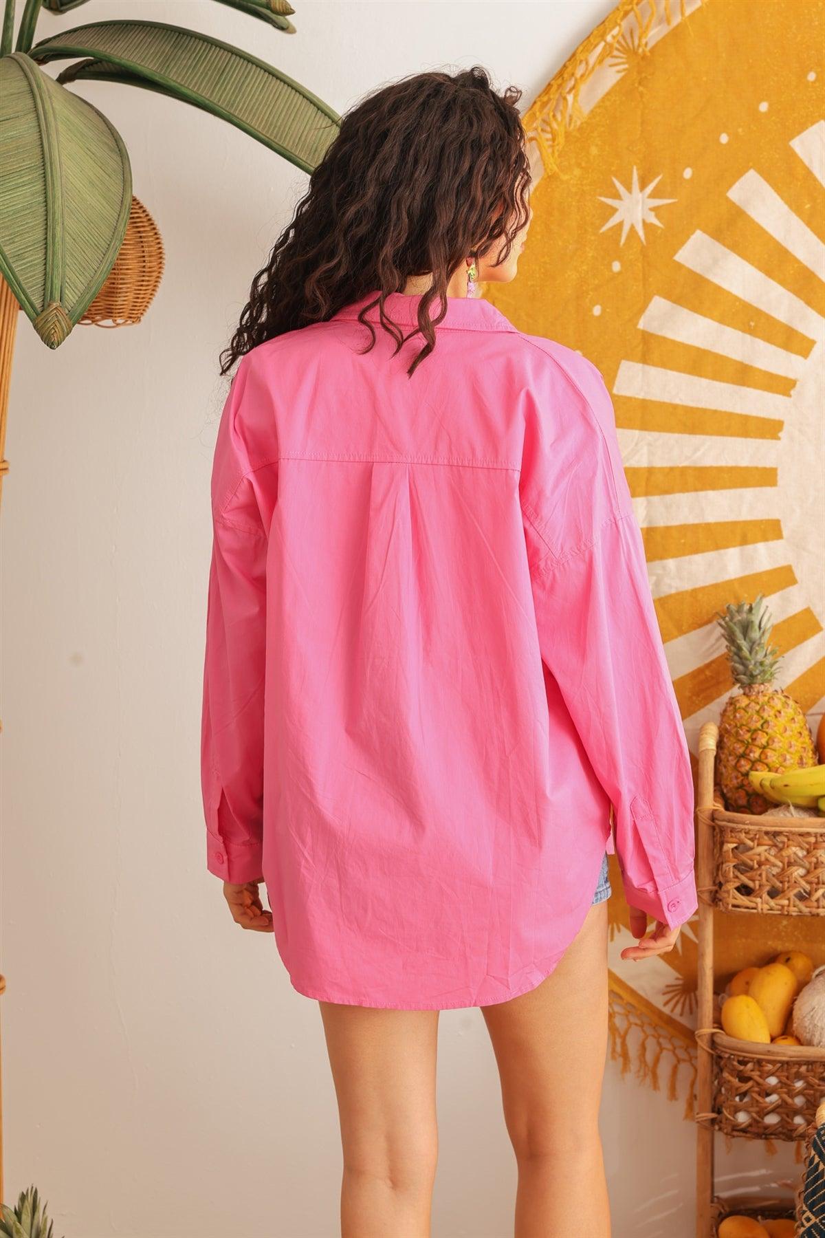 Hot Pink Cotton Collared Neck Button-Up One Pocket Long Sleeve Shirt /3-2-1