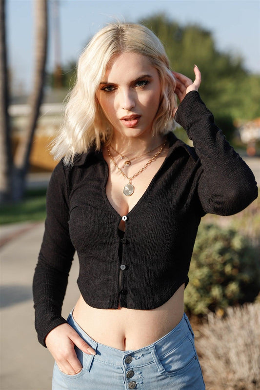 Black Textured Collared V-Neck Shirt Crop Top /3-2-1