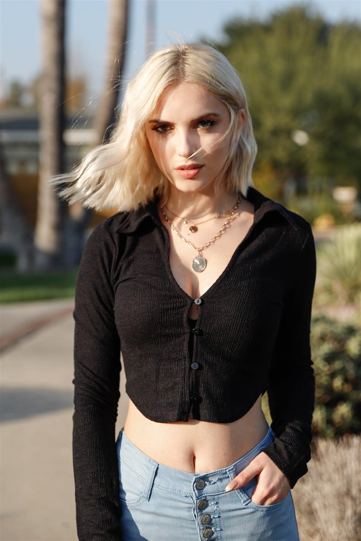 Black Textured Collared V-Neck Shirt Crop Top /3-2-1