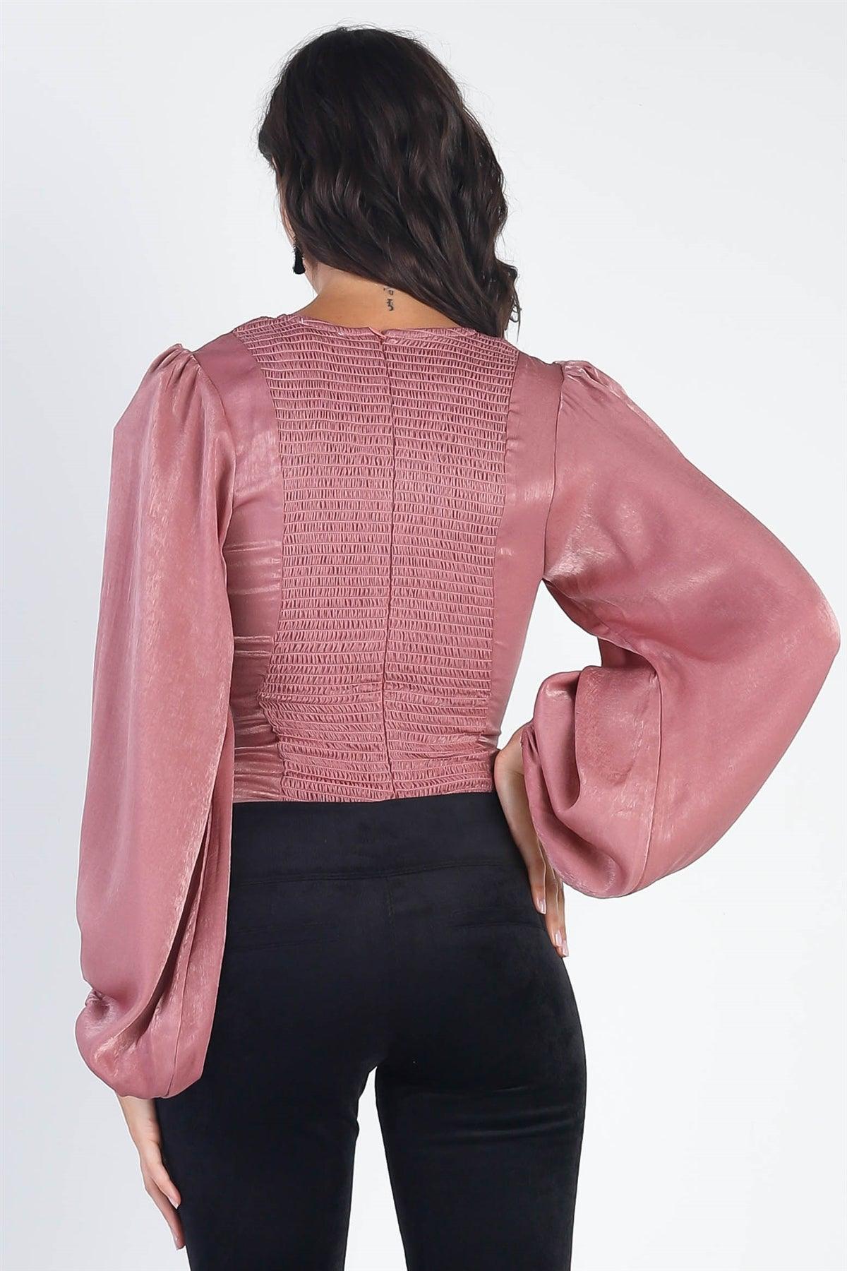 Dusty Rose Satin Smoked Back Long Sleeve Bodysuit /3-2-1