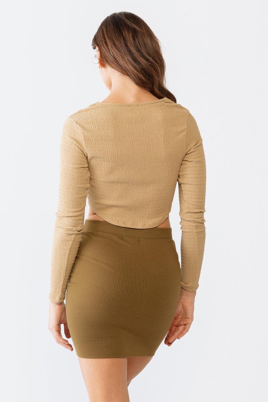 Olive Textured Curved Hem Long Sleeve Crop Top /3-2-1