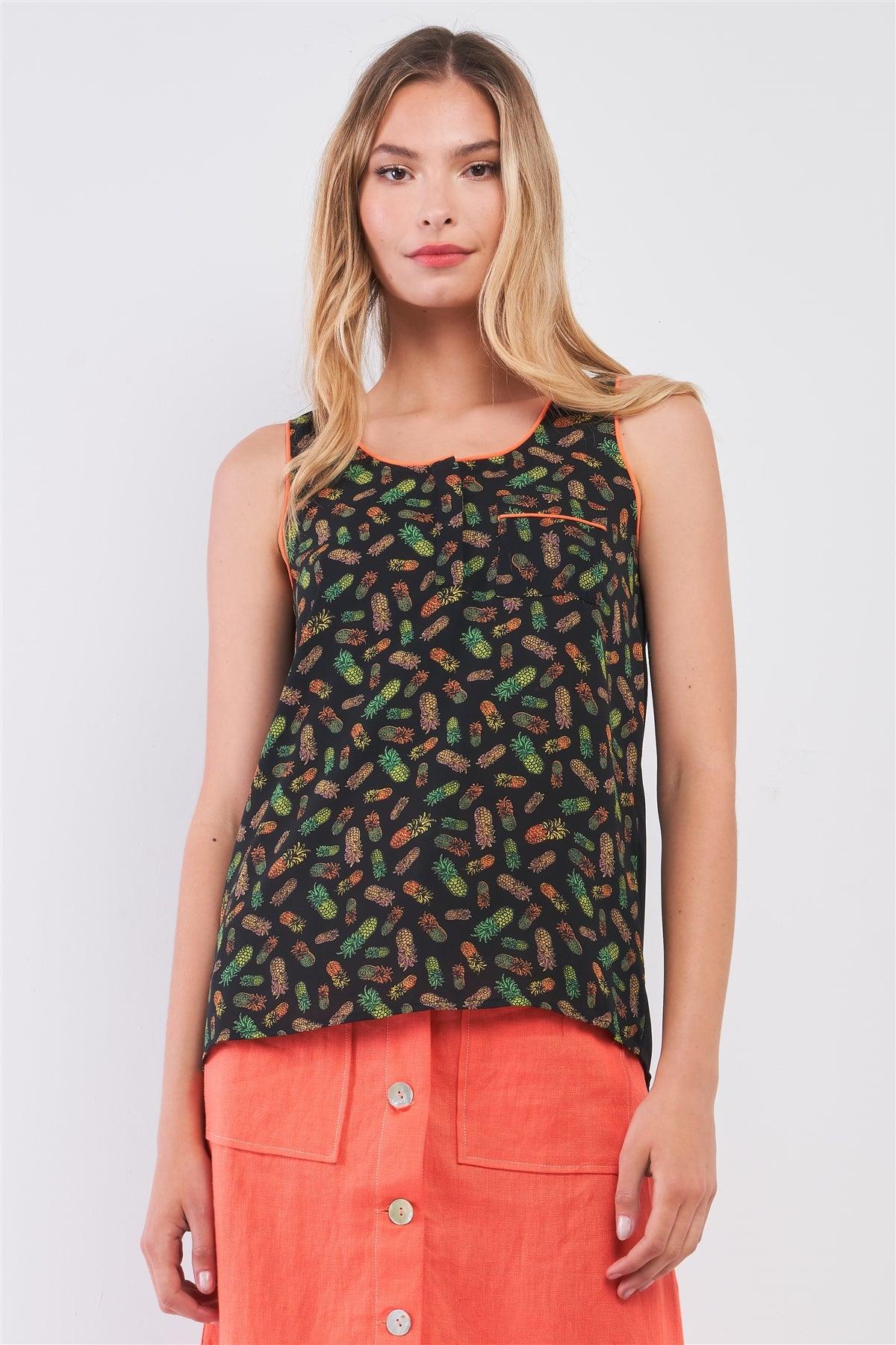 Pineapple Paradise Black & Green Sleeveless Pineapple Print Single Pocket Detail Tank Top /1-2-2-1