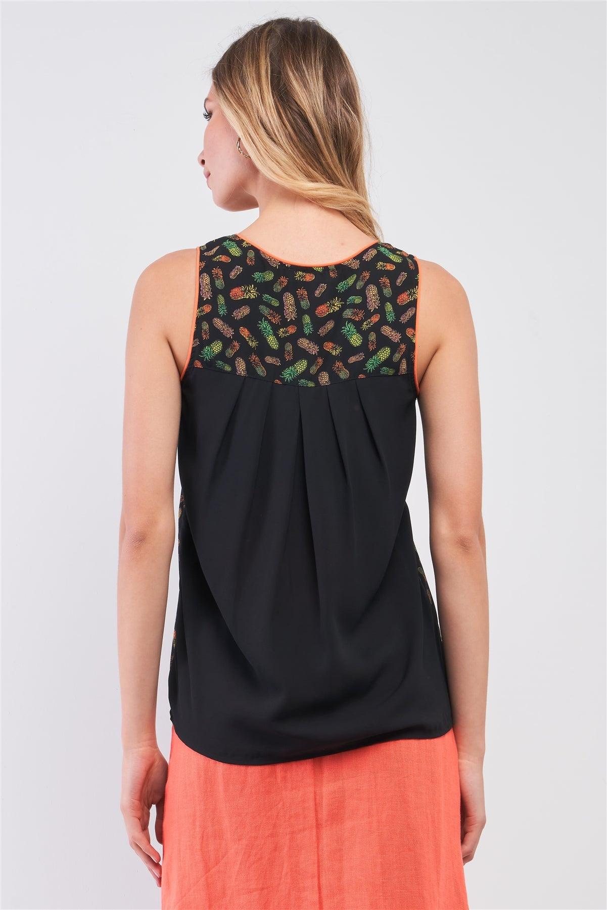 Pineapple Paradise Black & Green Sleeveless Pineapple Print Single Pocket Detail Tank Top /1-2-2-1