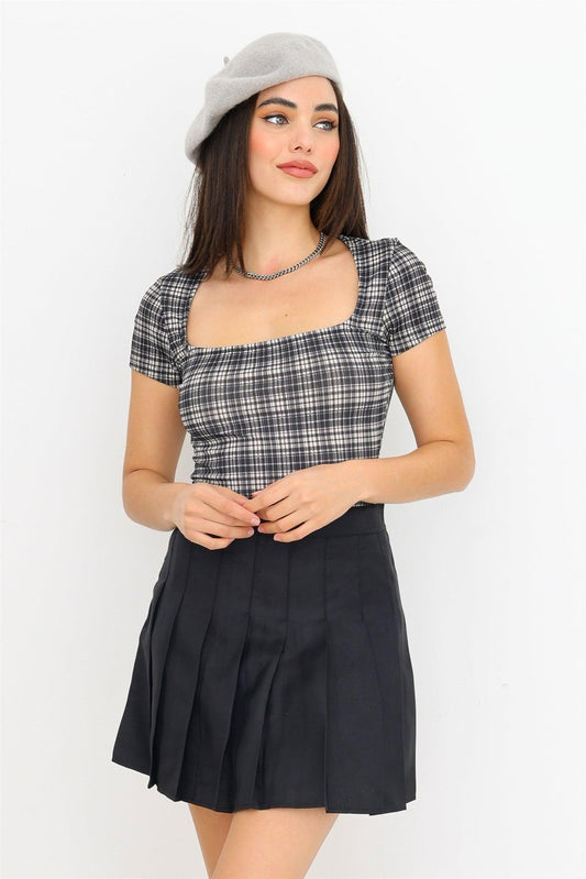 Cream & Black Plaid Short Sleeve Square Neck Fitted Bodysuit /3-2-1