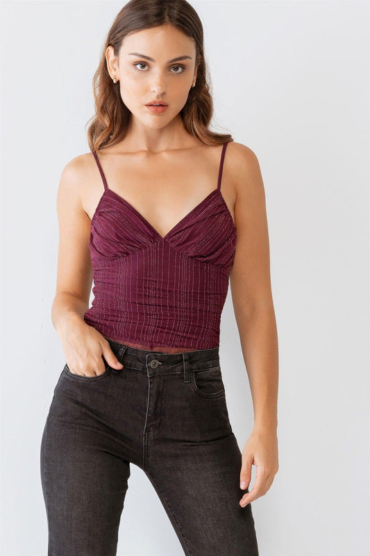 Wine Shiny Mesh Ruched Sleeveless Bodysuit /2-2