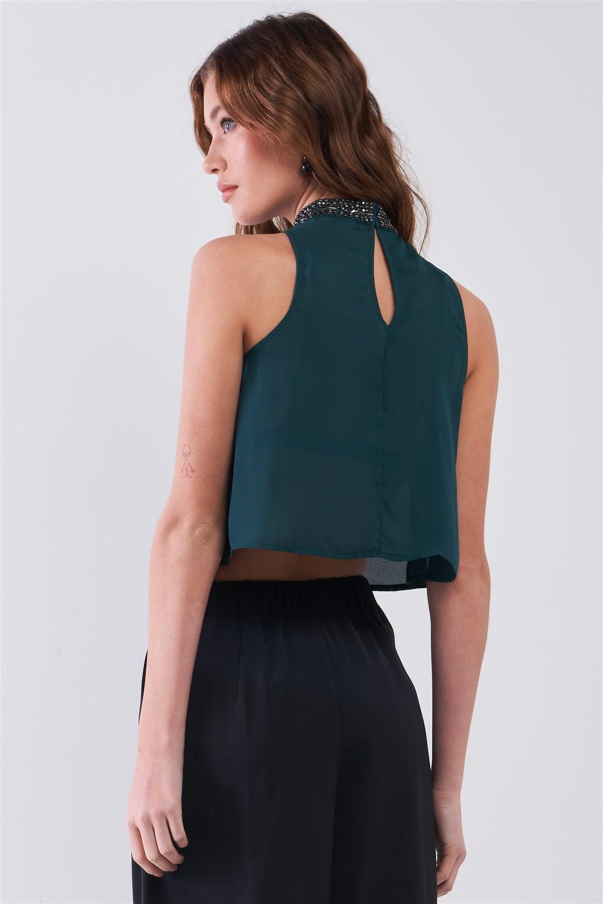 Hunter Green Sleeveless Beaded High Neck Pleated Front Crop Top /1-2-3