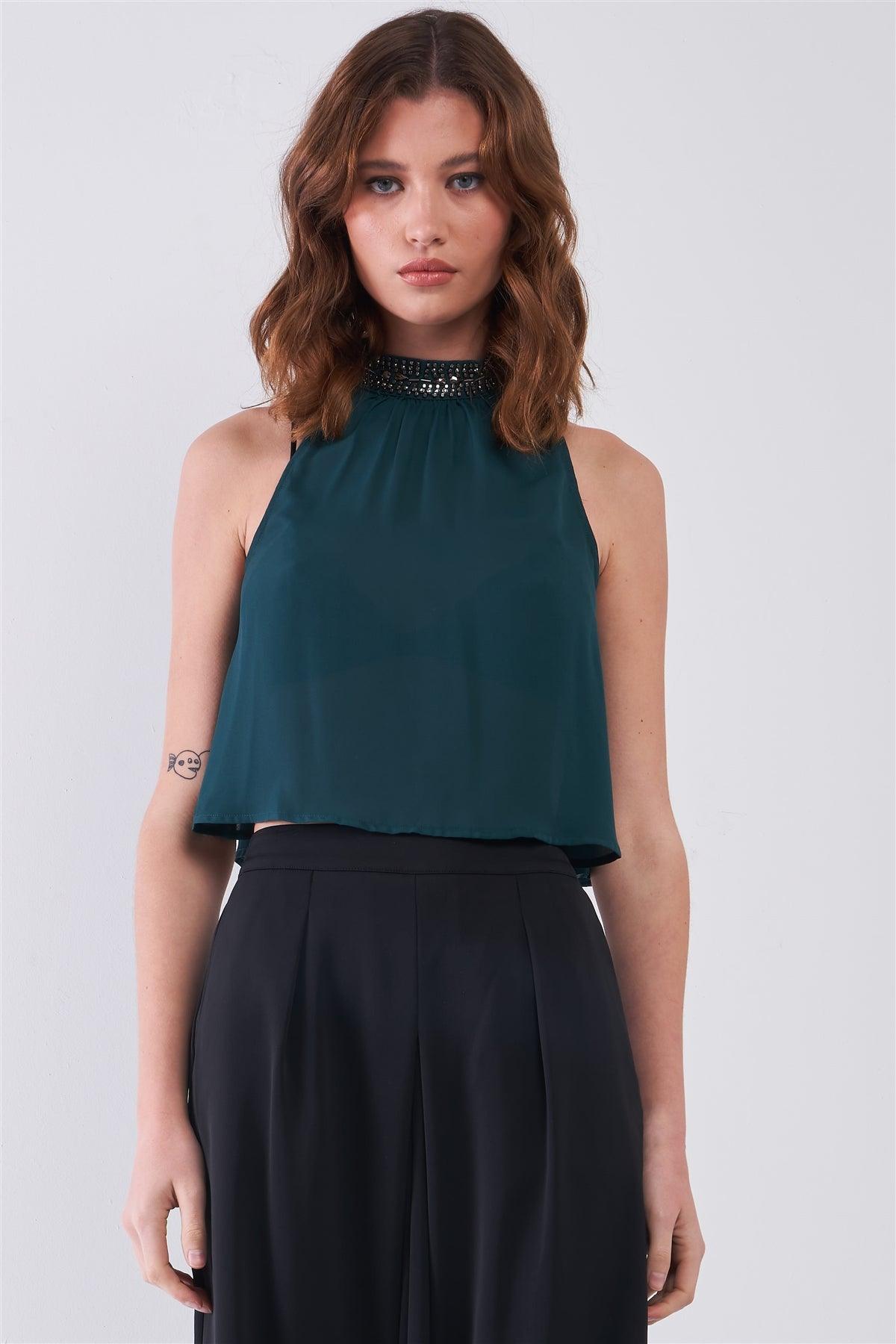 Hunter Green Sleeveless Beaded High Neck Pleated Front Crop Top /1-2-3