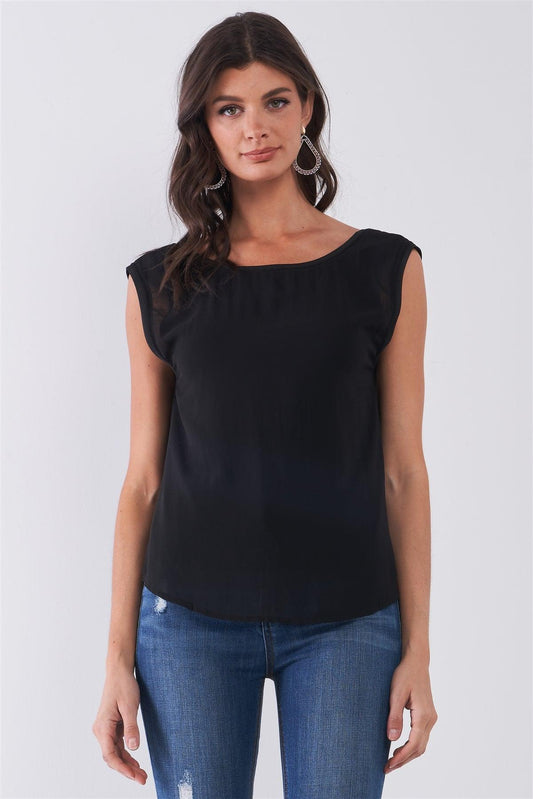 Black Sheer Chiffon Sleeveless V-Back Detail Relaxed Lined Top /1-2-2-1