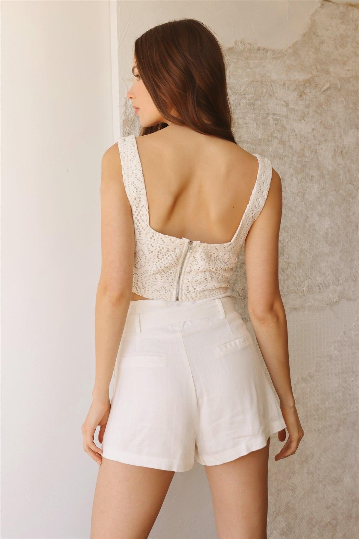 Cream Lace Crochet Embroidery Cotton Square Neck Sleeveless Crop Top /3-2-1