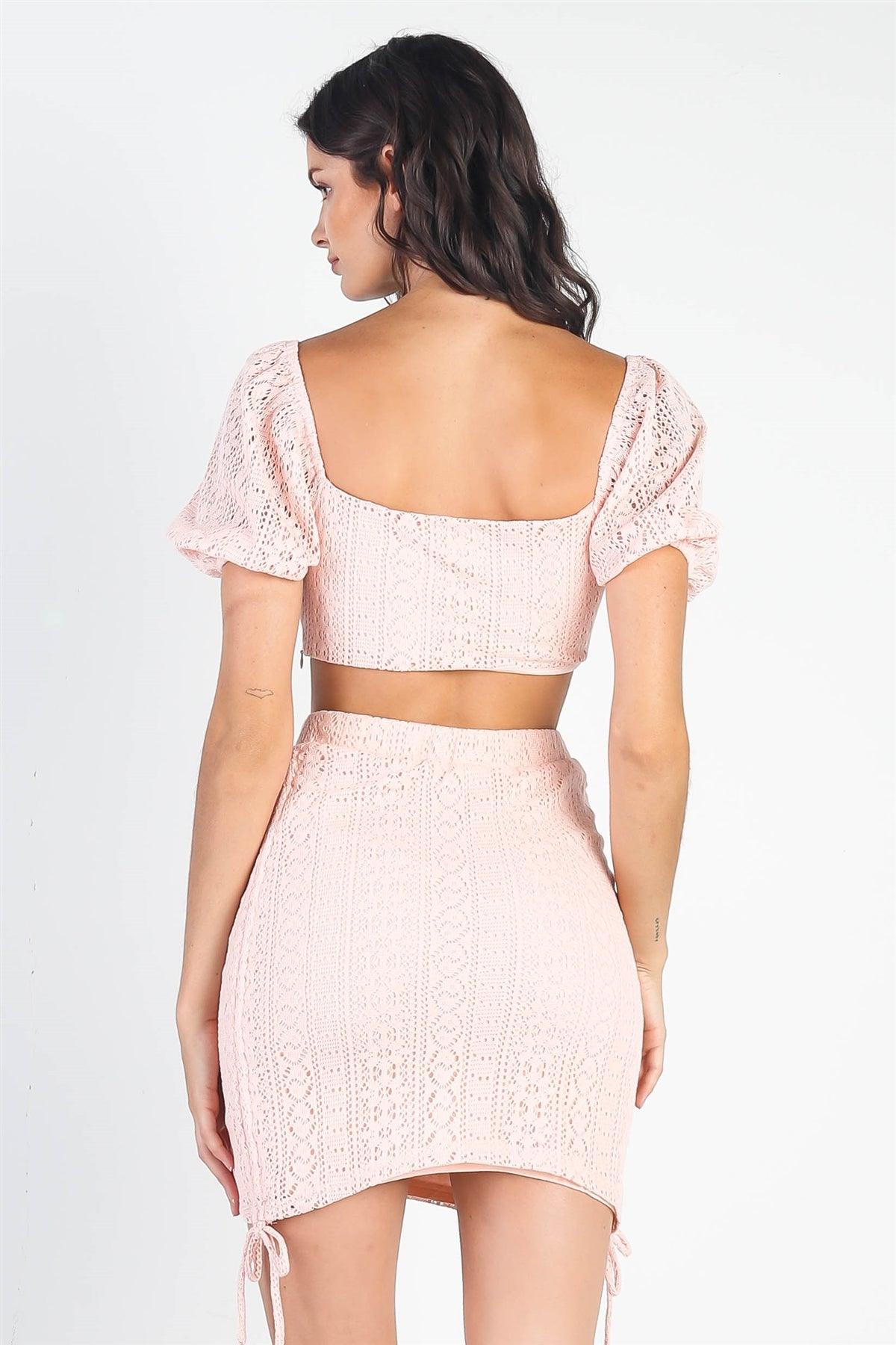 Blush Crochet Crop Top & Side Ruched Tie Detail Mini Skirt Set /3-2-1