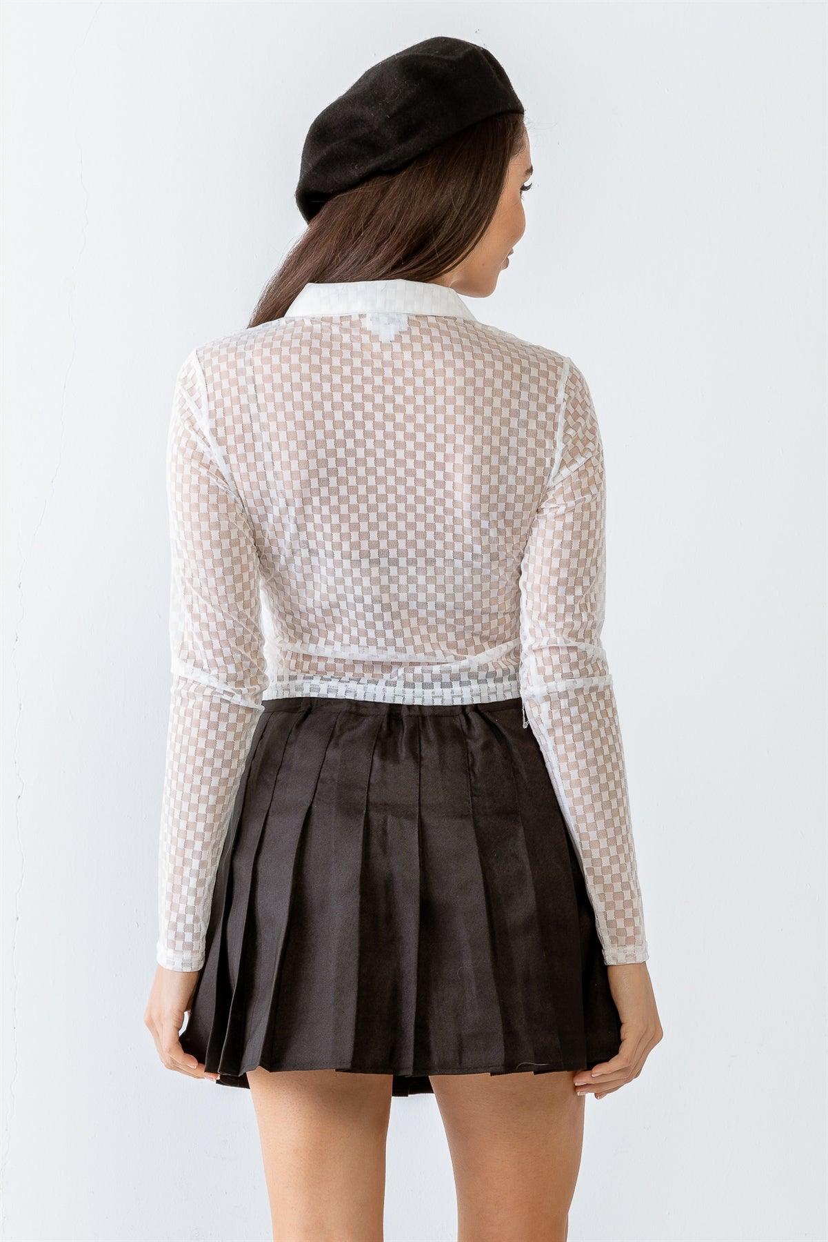 Off-White Plaid Lace Sheer Mesh Collared Button-Up Crop Top /3-2-1