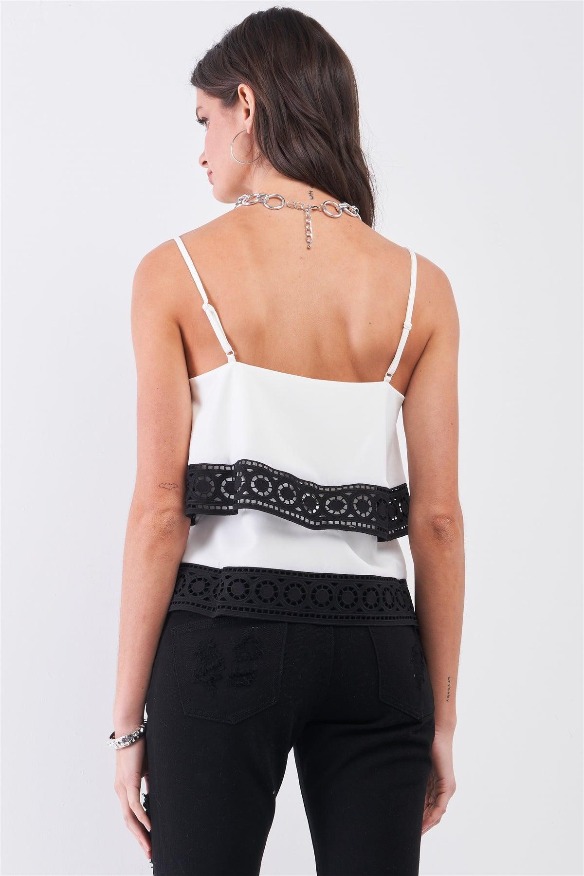 White & Black Sleeveless Square Neck Laser-Cut Hem Detail Layered Flounce Top