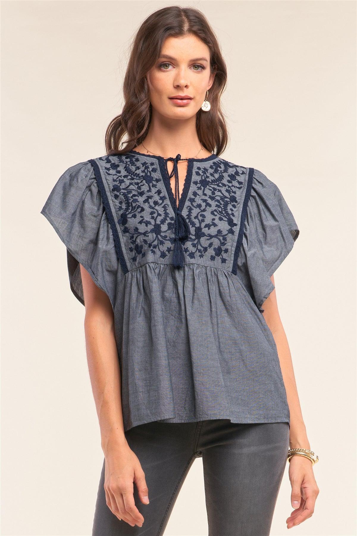 Denim Grey Angel Sleeve Flare Waistline Embroidery Detail Self-Tie Neckline Top /1-2-2-1