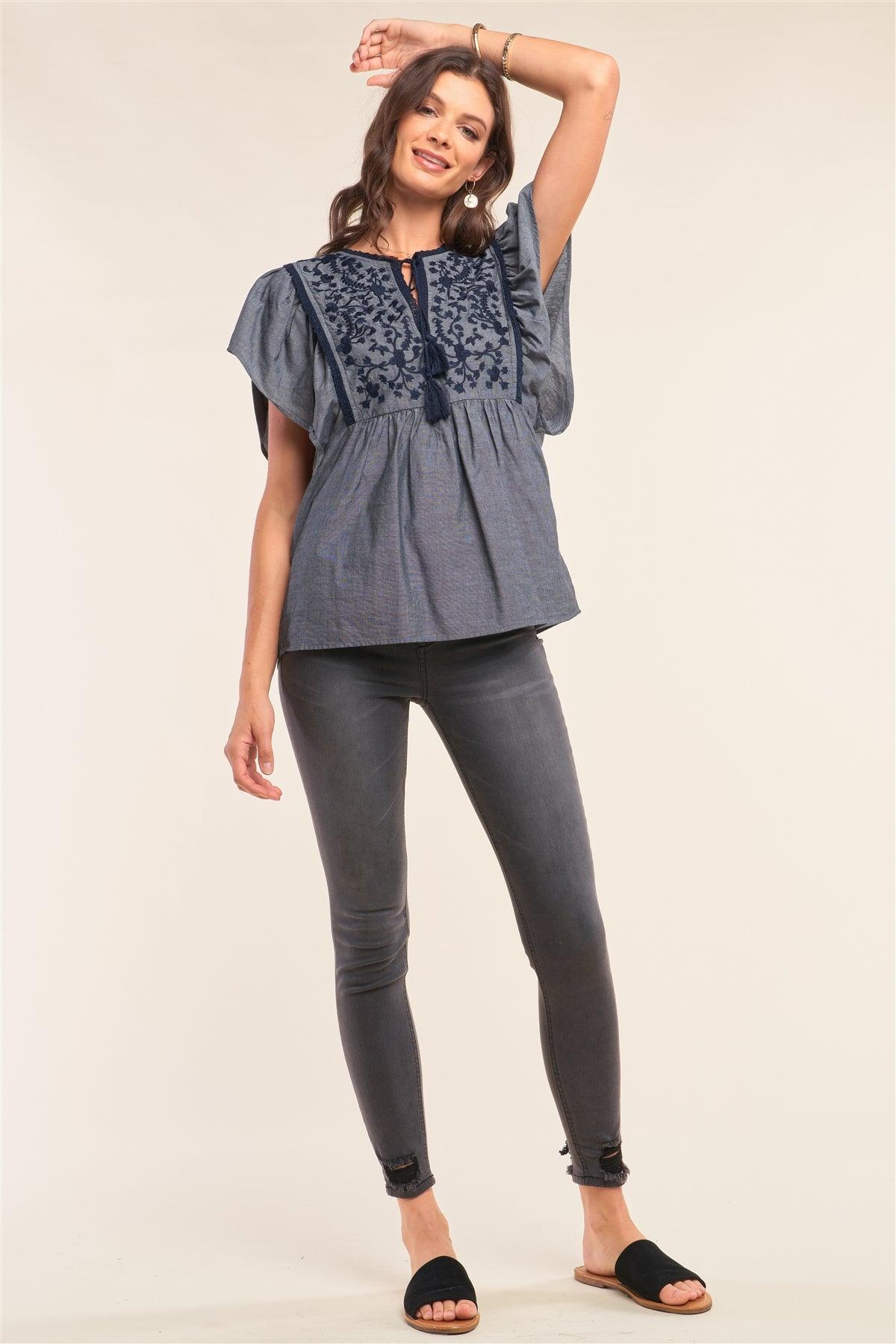 Denim Grey Angel Sleeve Flare Waistline Embroidery Detail Self-Tie Neckline Top /1-2-2-1