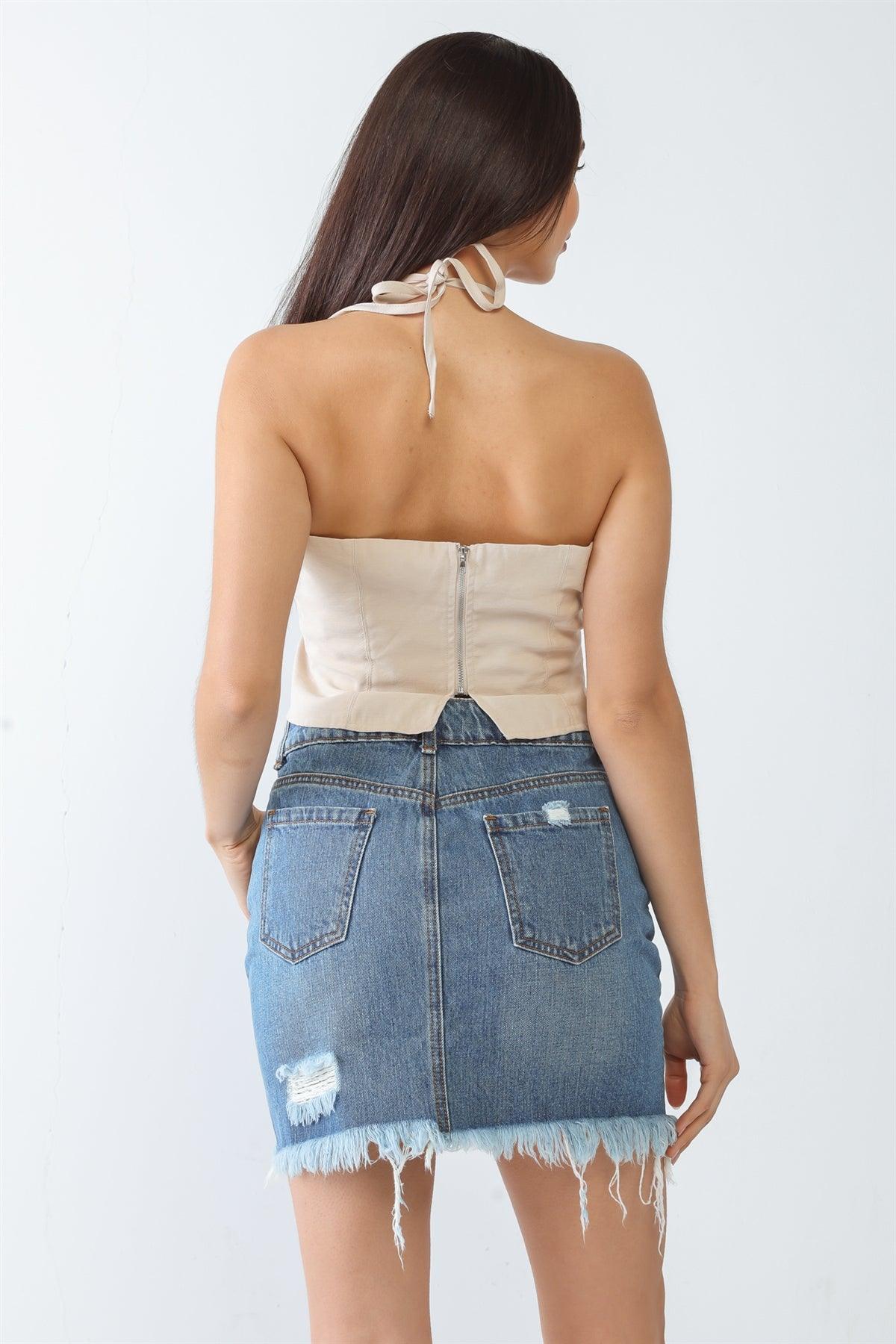 Taupe Sleeveless Halter Neck Strappy Crop Top /3-2-1