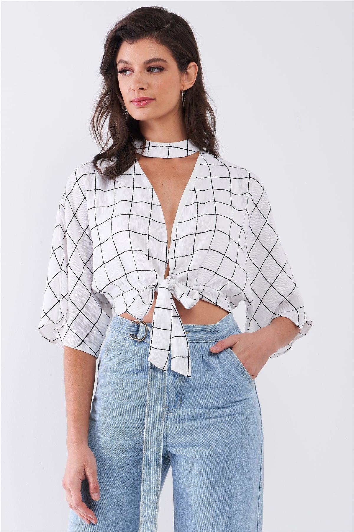 White & Black Windowpane Check Print Self-Tie V-Neck Front Wide Sleeve Crop Top /2-1-2