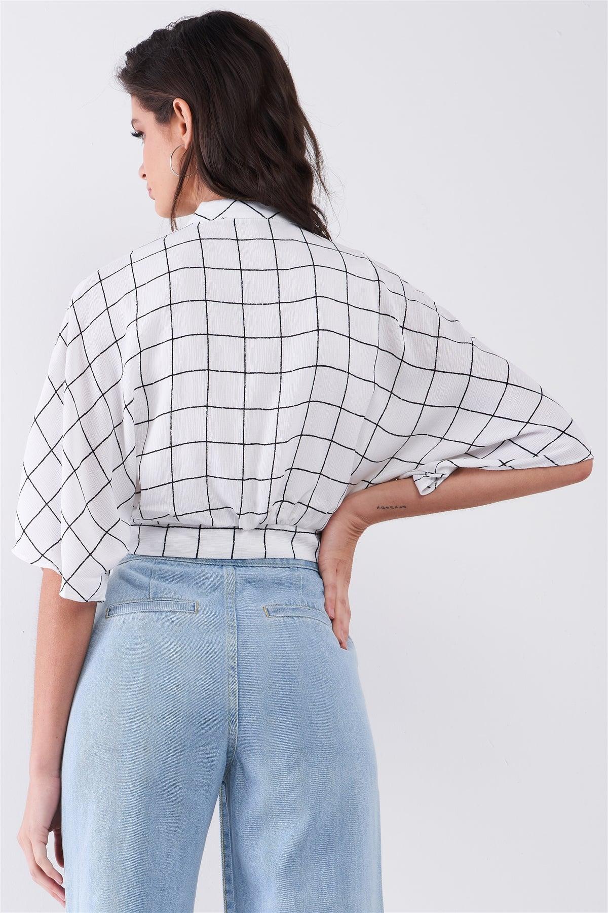 White & Black Windowpane Check Print Self-Tie V-Neck Front Wide Sleeve Crop Top /2-1-2