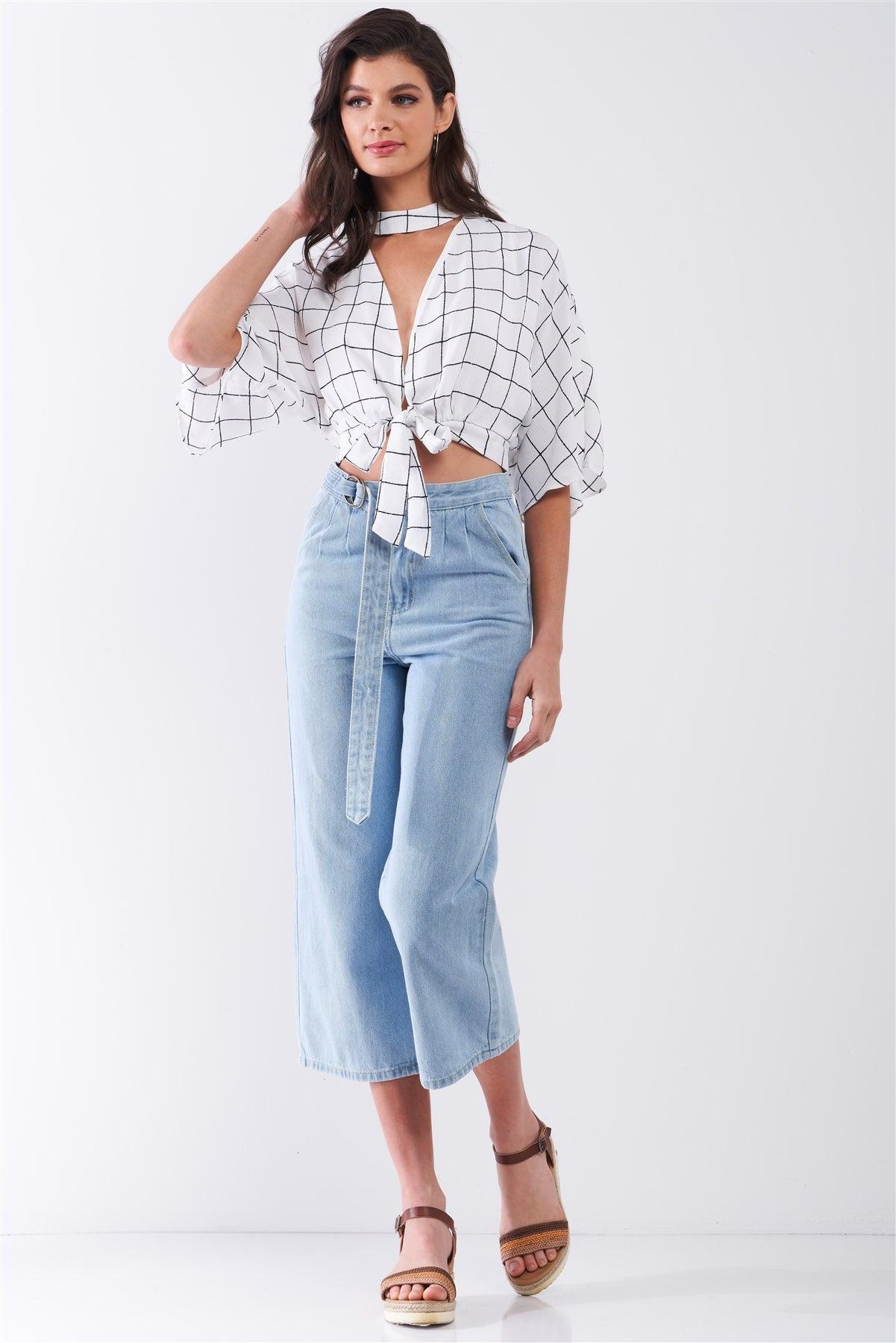 White & Black Windowpane Check Print Self-Tie V-Neck Front Wide Sleeve Crop Top /2-1-2