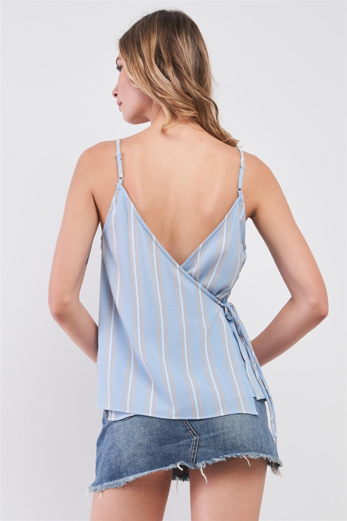 Sky Blue & White Striped V-Neck Sleeveless Back Wrap Self-Tie String Top /1-2-2-1