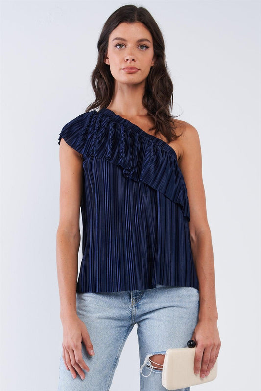 Solid Navy Blue Satin Crinkle Asymmetric Off-One-Shoulder Ruffle Detail Top /1-2-2-1