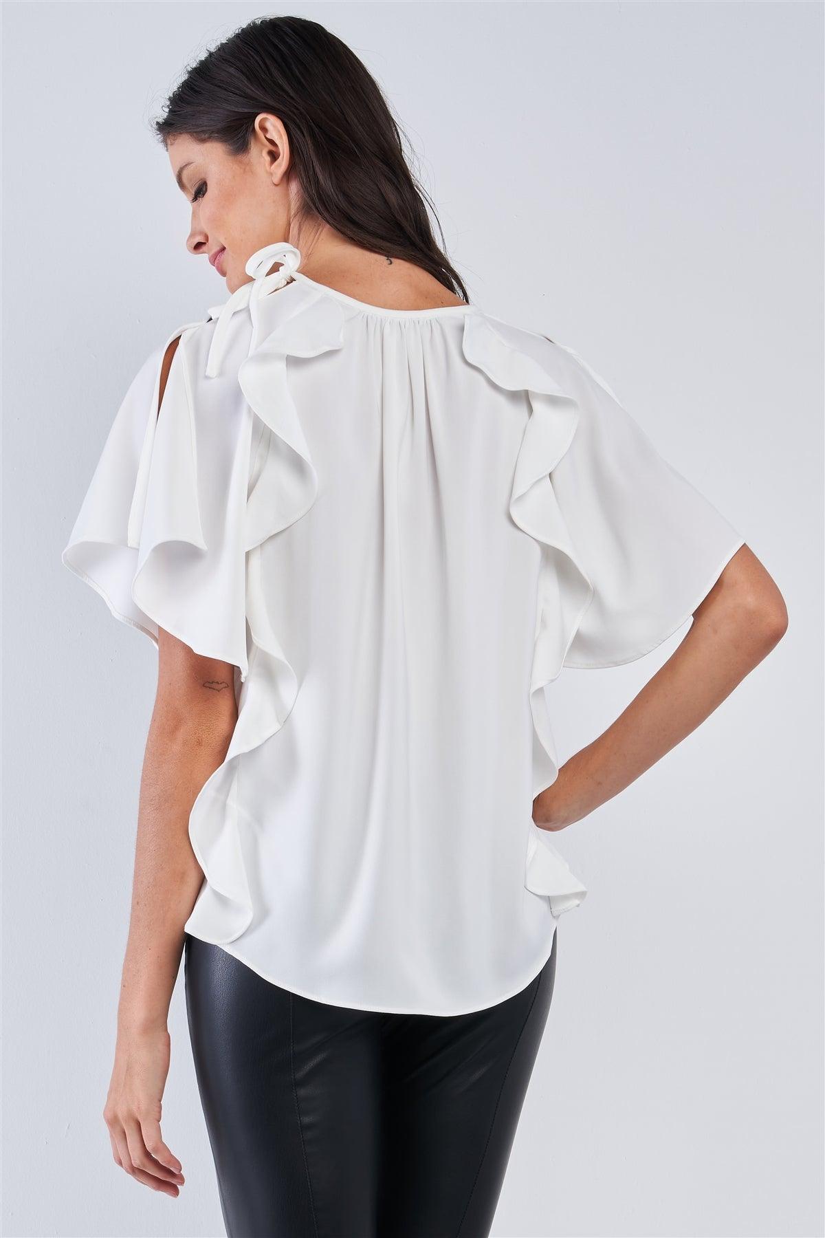 White Relaxed Fit Sleeveless Crew Neck One Shoulder Self-Tie Detail Mini Angel Wing Sleeve Ruffle Tunic Top /3-2