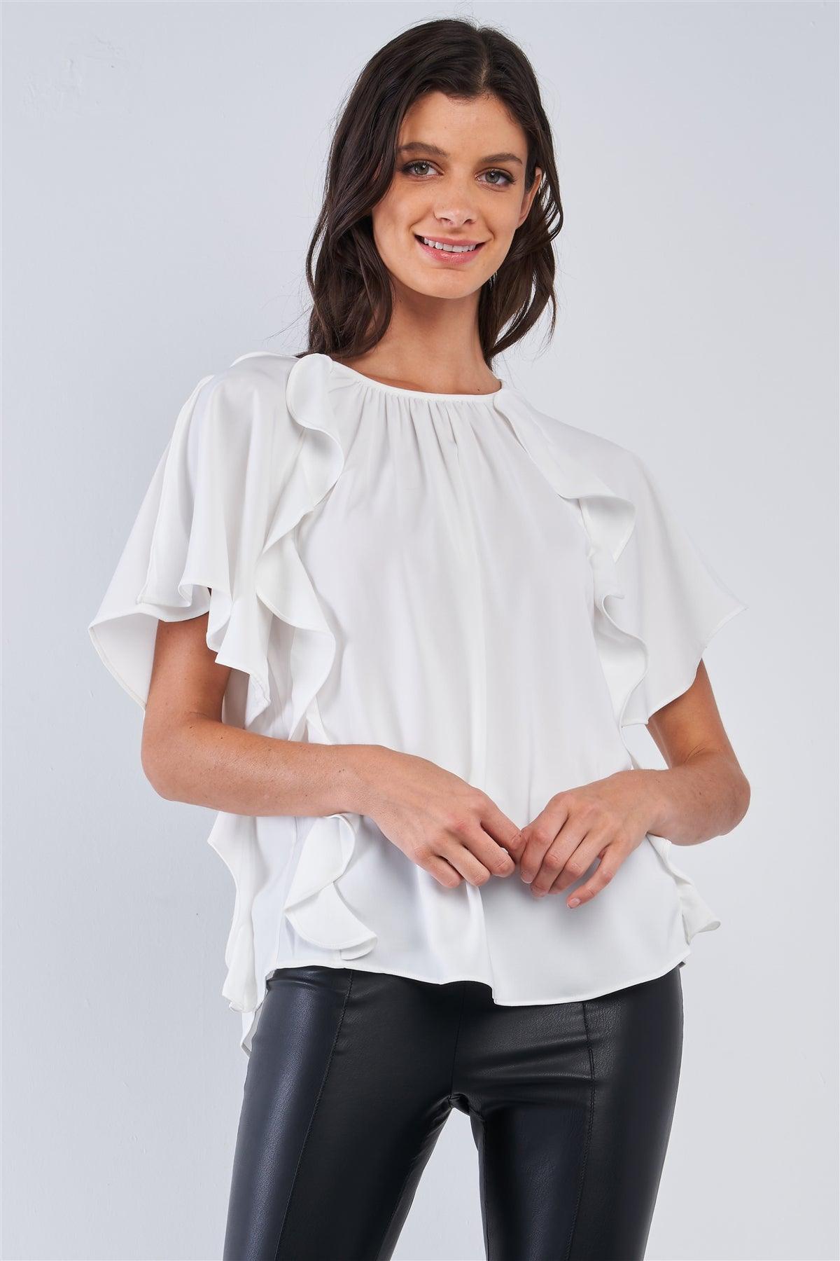 White Relaxed Fit Sleeveless Crew Neck One Shoulder Self-Tie Detail Mini Angel Wing Sleeve Ruffle Tunic Top /3-2