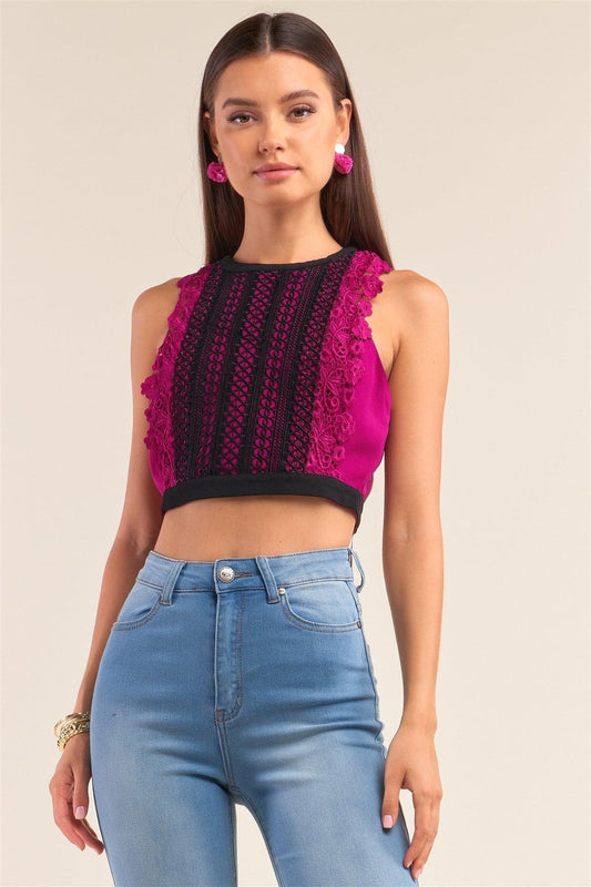 Dark Magenta Double Crochet Trim Front Detail  Racer Back Sleeveless Crew Neck Cropped Top /1-2-2-1