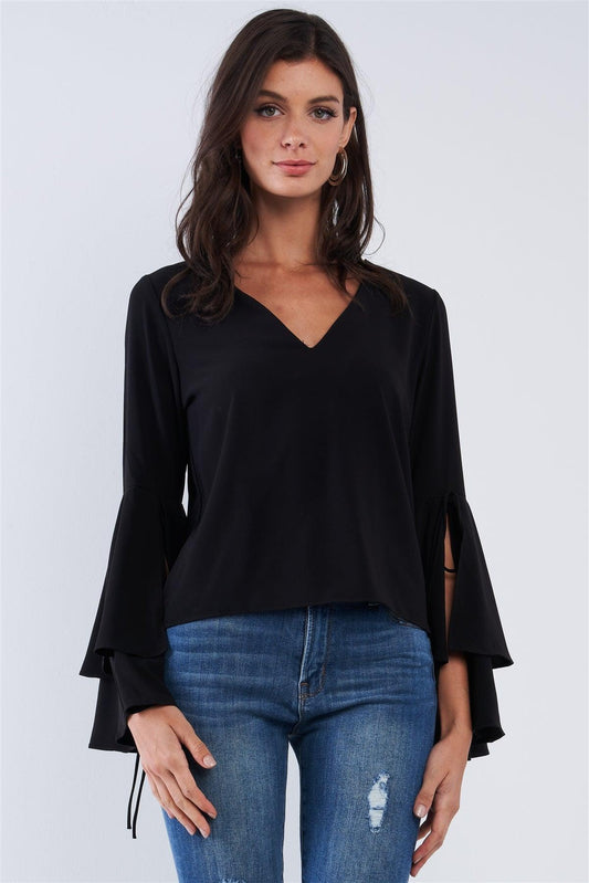 Jet Black V-Neck Long Bluebell Slit Draw String Tie Double Frill Sleeve Top /3-3