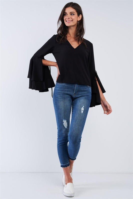 Jet Black V-Neck Long Bluebell Slit Draw String Tie Double Frill Sleeve Top /2-2-1-1