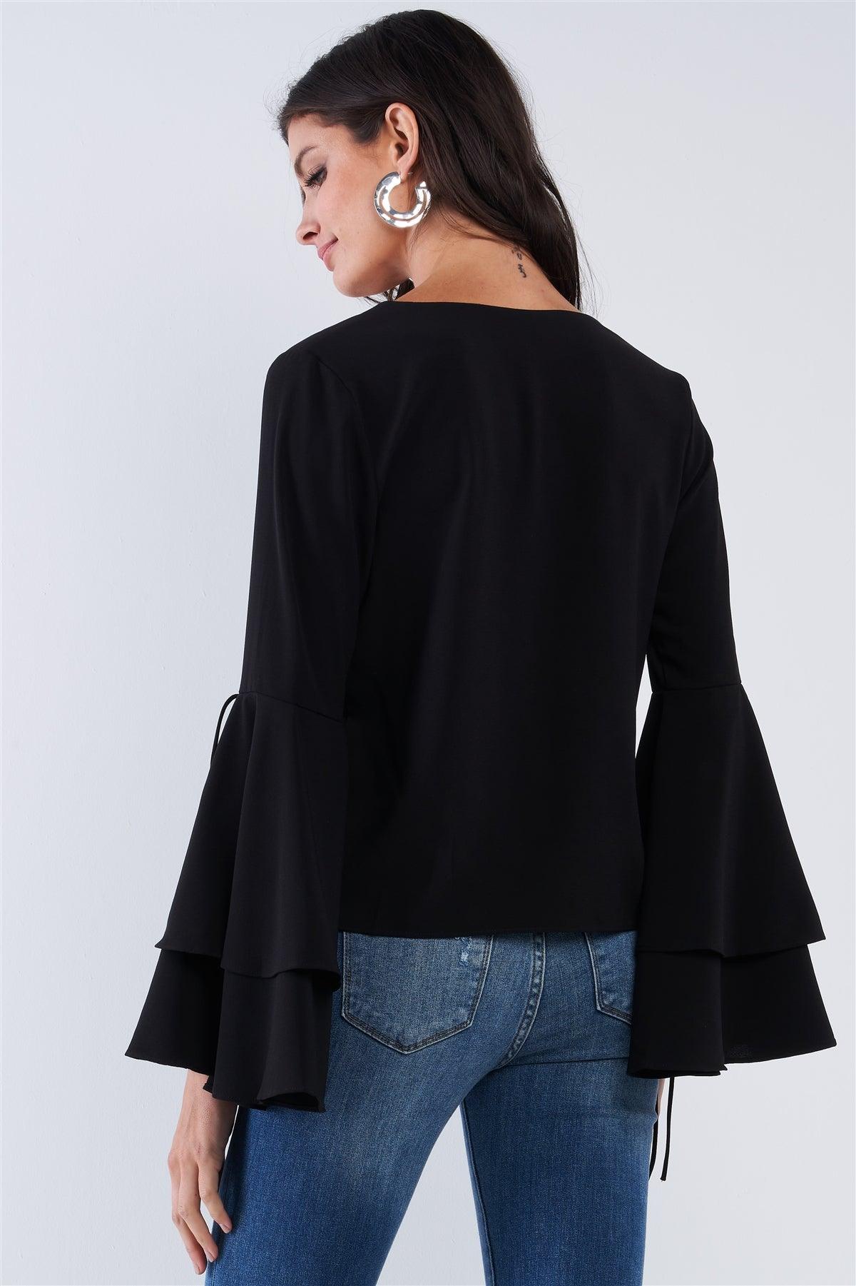 Jet Black V-Neck Long Bluebell Slit Draw String Tie Double Frill Sleeve Top /2-2-1-1