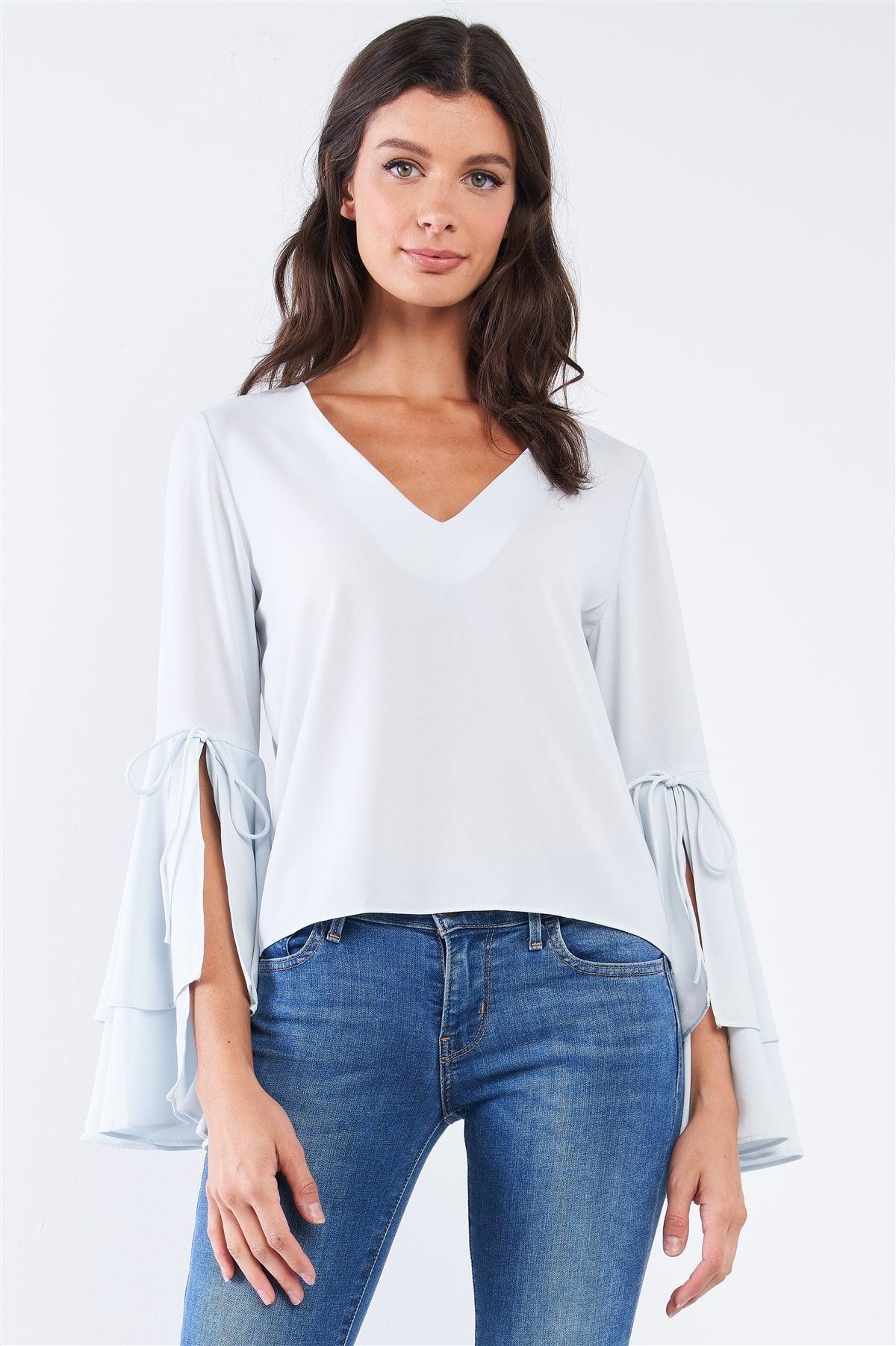 Light Blue V-Neck Long Bluebell Slit Draw String Tie Double Frill Sleeve Top /1-2-2-1