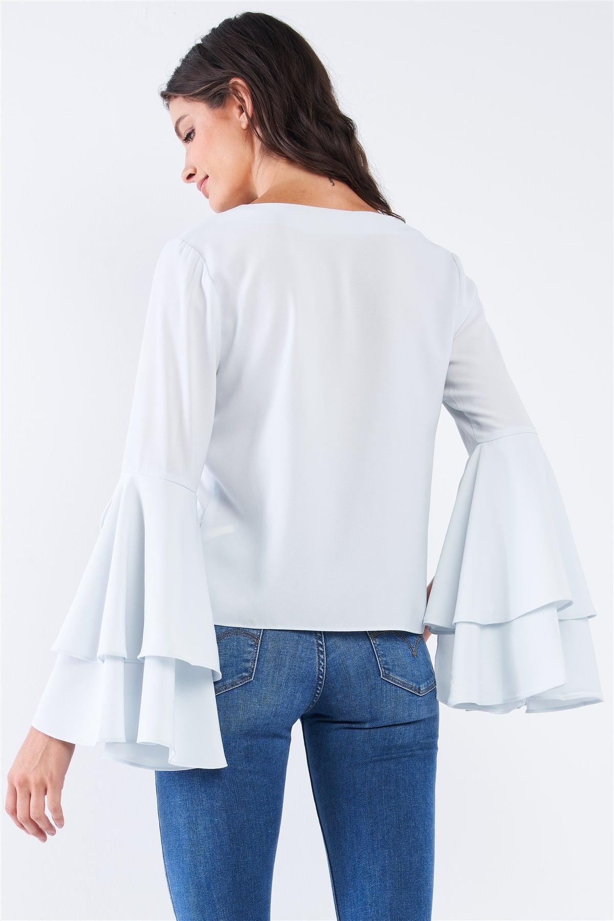 Light Blue V-Neck Long Bluebell Slit Draw String Tie Double Frill Sleeve Top /1-2-2-1