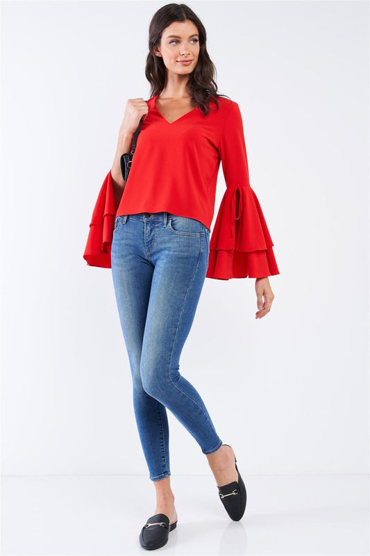 Crimson Red V-Neck Long Bluebell Slit Draw String Tie Double Frill Sleeve Top /1-2-2-1