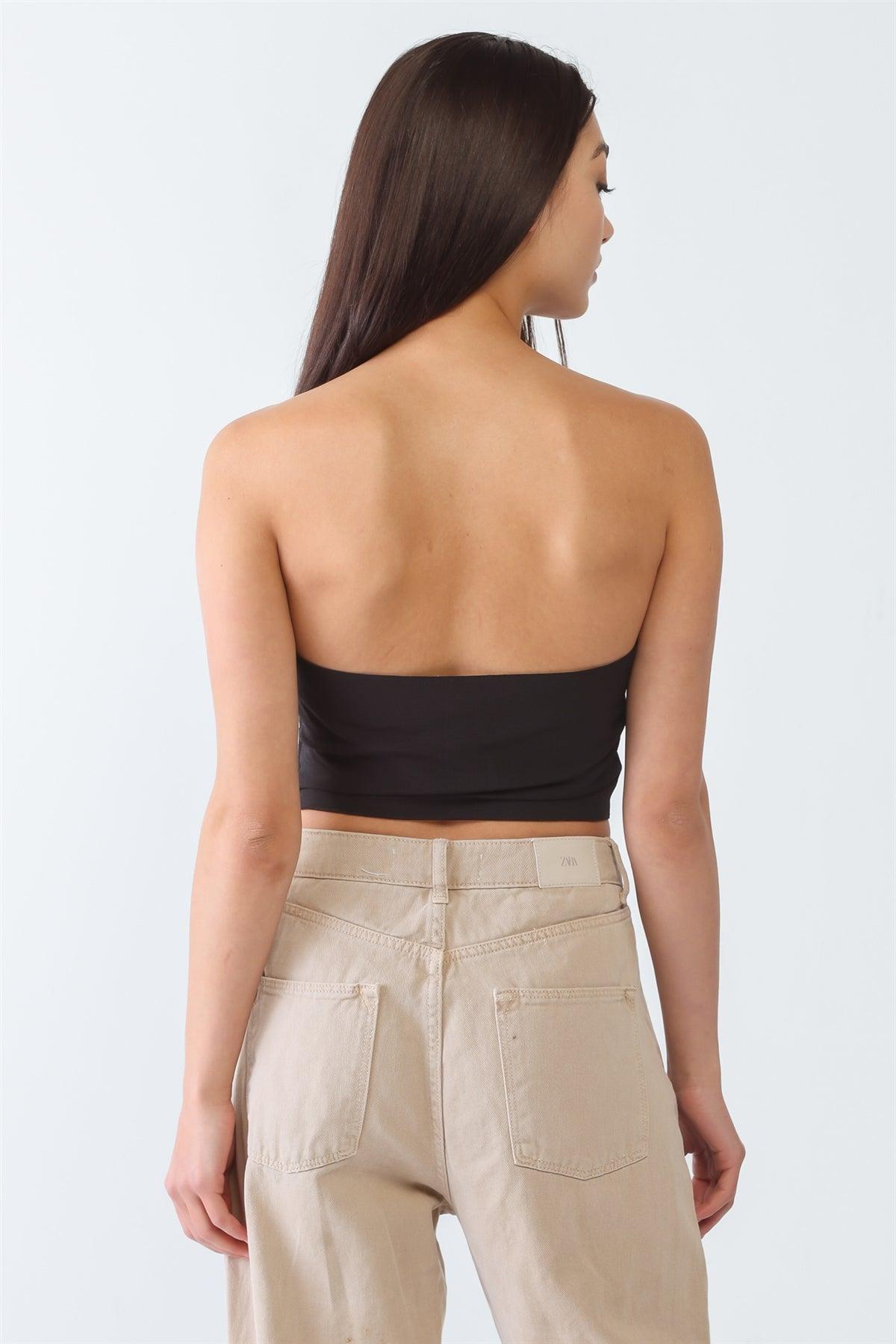 Black Textured Strapless Ruched Crop Top /3-2-1