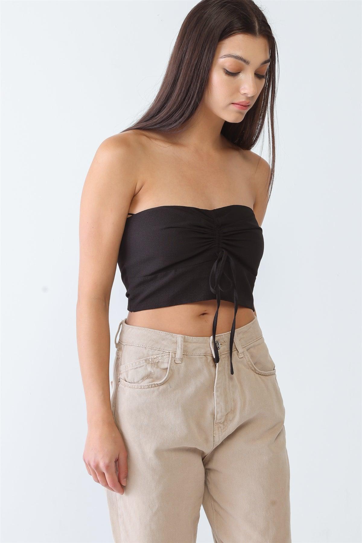 Black Textured Strapless Ruched Crop Top /3-2-1