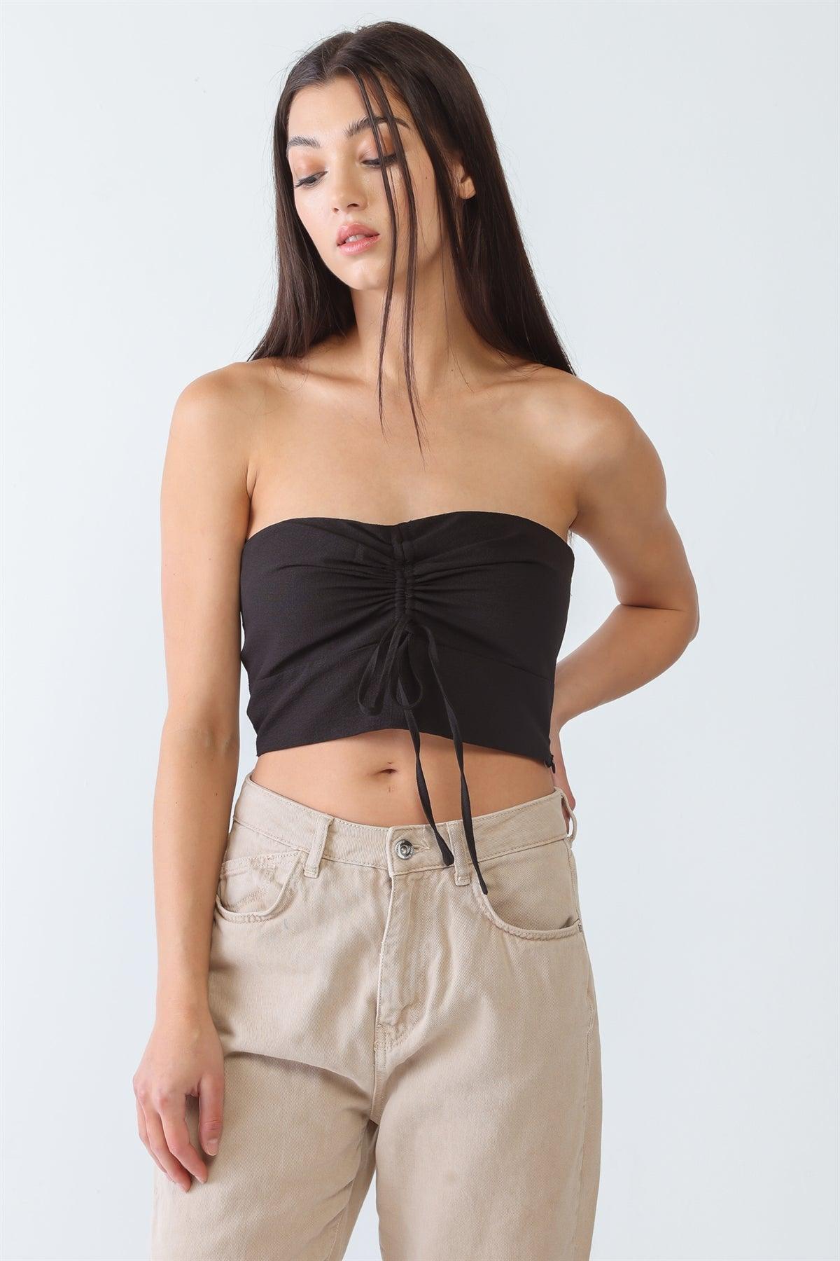 Black Textured Strapless Ruched Crop Top /3-2-1