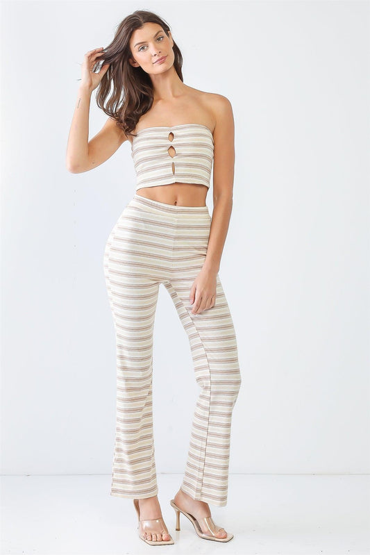 Taupe & Mocha Stripe Print Ribbed Cut-Out Crop Top & High Waist Pants Set /3-2-1