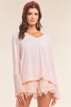 Rose Petal Pink V-Neck Relaxed Fit Long Pleated Detail Sleeve Blouse /1-2-2-1