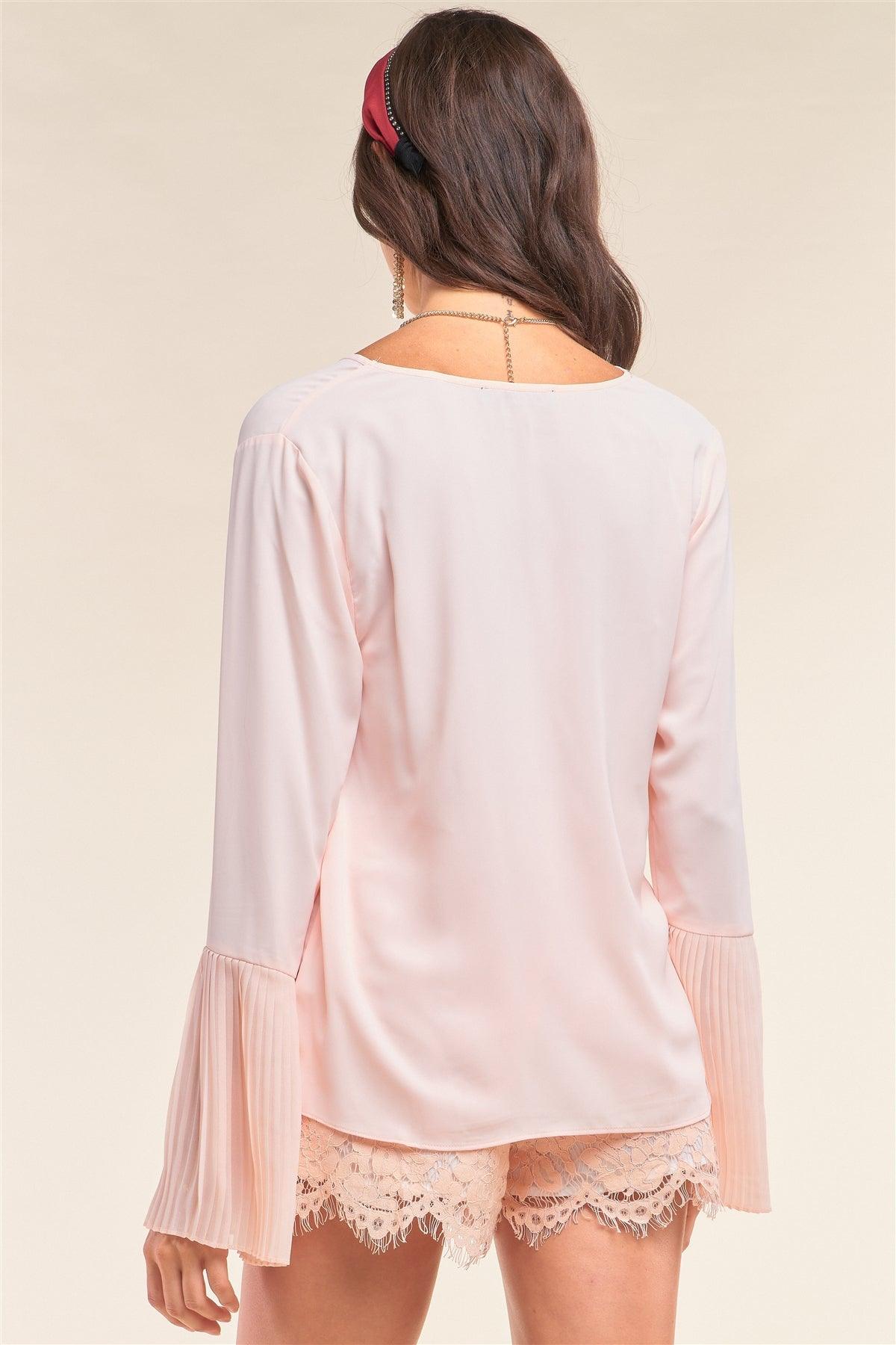 Rose Petal Pink V-Neck Relaxed Fit Long Pleated Detail Sleeve Blouse /1-2-2-1