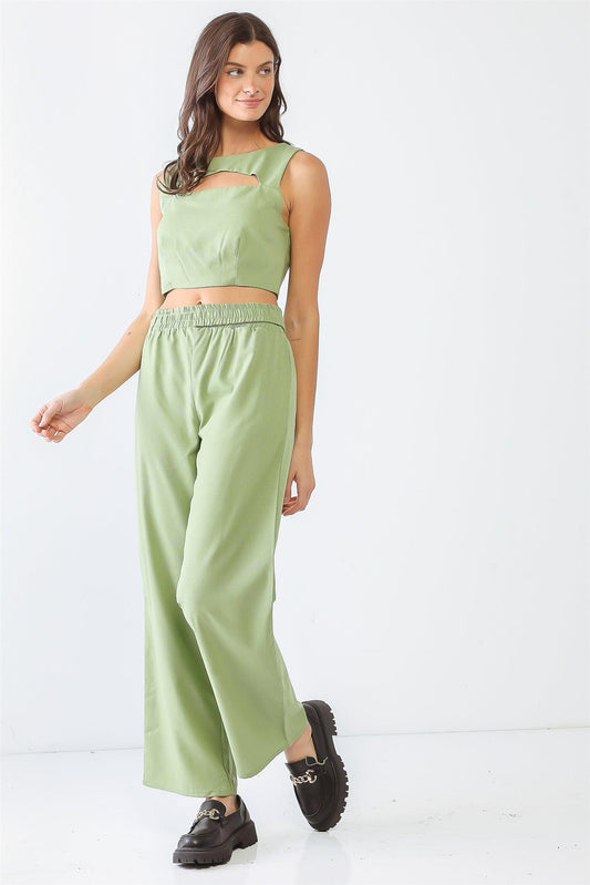 Green Sleeveless Cut-Out Crop Top & High Waist Pants Set /3-2-1