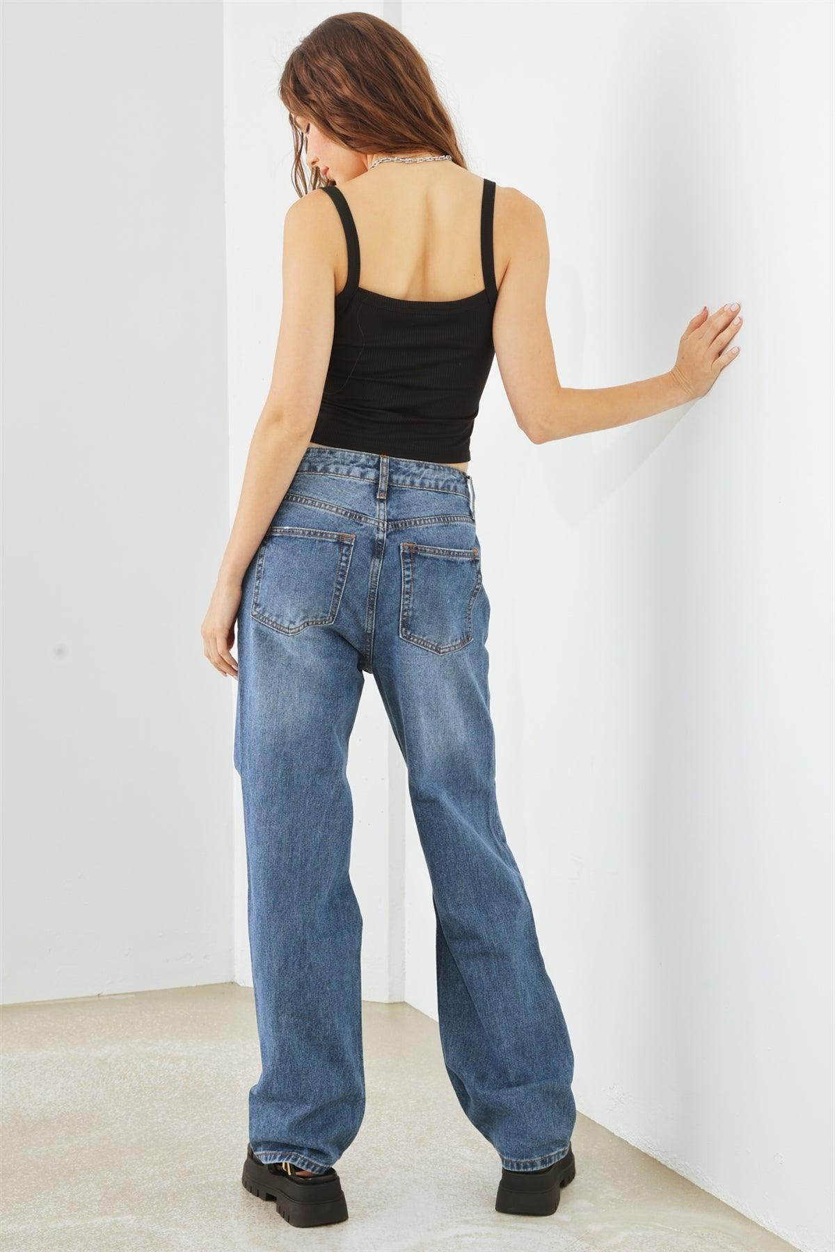 Medium Blue Denim Five Pocket Distressed High Waist Jeans - 2-2-2-2-2-2-2-2/1, 11, 13, 15, 3, 5, 7, 9