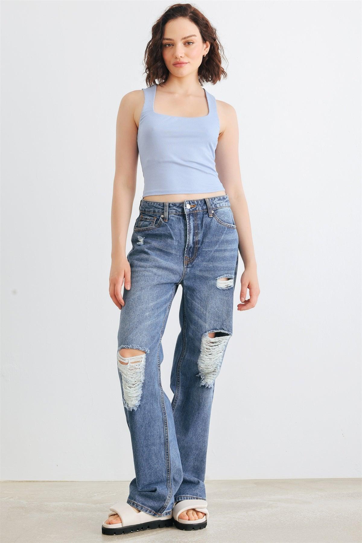 Medium Blue Denim Five Pocket Distressed High Waist Jeans - 2-2-2-2-2-2-2-2/1, 11, 13, 15, 3, 5, 7, 9